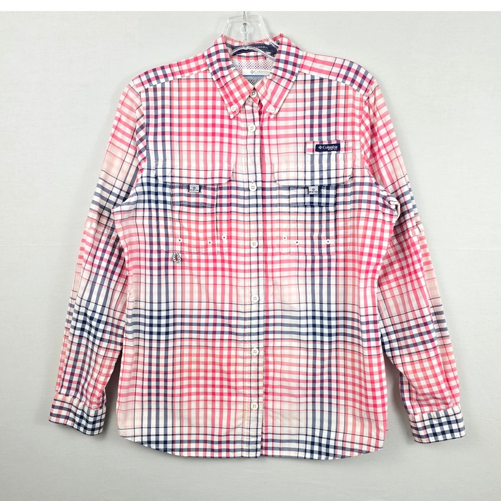 Columbia PFG Plaid Long Sleeve Button Up Fishing Women Shirt XS Pink Blue‎